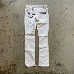 Vintage Y2K Robins Jean White Rock n Roll Swarovski stones patchwork